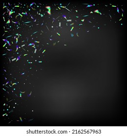 Holo Glam Effect Rainbow Lights. Blue, Purple, Green Celebration Background. Silver Transparent Falling Particles. Rainbow Tinsel.  Gradient Overlay Vivid Foil Tinsel. Falling Holograph Confetti.