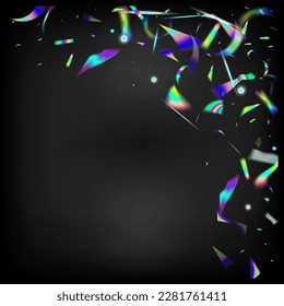 Holo Glam Effect Rainbow Lights. Rainbow Tinsel. Silver Transparent Falling Particles. Flying Hologram Confetti.  Gradient Overlay Vivid Foil Tinsel. Blue, Purple, Green Celebration Background.