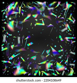 Holo Glam Effect Rainbow Tinsel. Blue, Purple, Green Celebration Background.  Gradient Overlay Glare Foil Tinsel. Gold Transparent Falling Particles. Rainbow Tinsel. Flying Holograph Confetti.