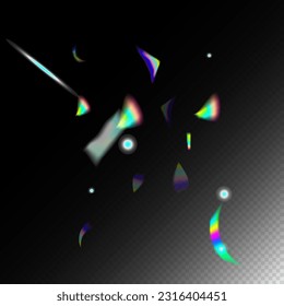 Holo Glam Effect Rainbow Tinsel. Gold Transparent Falling Particles. Rainbow Tinsel.  Gradient Overlay Vivid Foil Tinsel. Falling Holograph Confetti. Blue, Purple, Green Celebration Background.