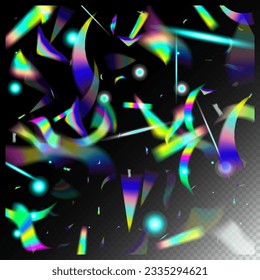 Holo Glam Effect Rainbow Tinsel. Flying Holograph Confetti. Blue, Purple, Green Celebration Background. Silver Transparent Falling Particles. Rainbow Tinsel.  Gradient Overlay Glare Foil Tinsel.