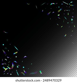 Holo Glam Effect Rainbow Tinsel. Gold Transparent Falling Particles. Flying Holograph Confetti. Rainbow Tinsel. Blue, Purple, Green Celebration Background.  Gradient Overlay Glare Foil Tinsel.