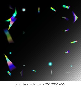 Holo Glam Effect Rainbow Tinsel.  Gradient Overlay Glare Foil Tinsel. Metal Transparent Falling Particles. Falling Hologram Confetti. Rainbow Tinsel. Blue, Purple, Green Celebration Background.