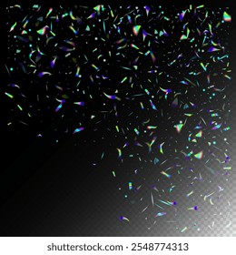 Holo Glam Effect Rainbow Tinsel. Gold Transparent Falling Particles. Falling Holograph Confetti. Rainbow Tinsel.  Gradient Overlay Neon Foil Tinsel. Blue, Purple, Green Celebration Background.