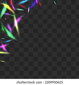 Holo Glare Vector Transparent Background. Iridescent Cristal Falling Border. Color Confetti Digital Poster. Shiny Realistic Foil Illustration.