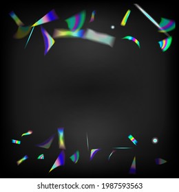 Holo Glitch Effect Rainbow Bokeh. Gold Transparent Falling Particles. Blue, Purple, Green Celebration Background.  Gradient Overlay Glare Foil Tinsel. Flying Holograph Confetti. Rainbow Tinsel.
