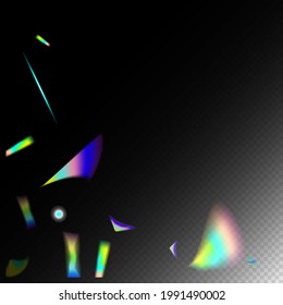 Holo Glitch Effect Rainbow Bokeh. Flying Hologram Confetti.  Gradient Overlay Vivid Foil Tinsel. Metal Transparent Falling Particles. Rainbow Tinsel. Blue, Purple, Green Celebration Background.