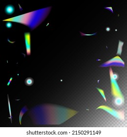 Holo Glitch Effect Rainbow Bokeh.  Gradient Overlay Glare Foil Tinsel. Rainbow Tinsel. Flying Holograph Confetti. Metal Transparent Falling Particles. Blue, Purple, Green Celebration Background.
