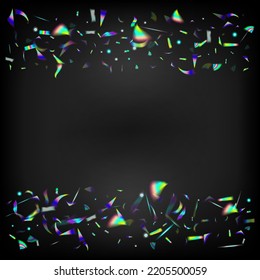 Holo Glitch Effect Rainbow Bokeh. Falling Holograph Confetti. Silver Transparent Falling Particles. Rainbow Tinsel.  Gradient Overlay Glare Foil Tinsel. Blue, Purple, Green Celebration Background.