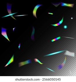 Holo Glitch Effect Rainbow Bokeh. Rainbow Tinsel.  Gradient Overlay Neon Foil Tinsel. Silver Transparent Falling Particles. Falling Hologram Confetti. Blue, Purple, Green Celebration Background.