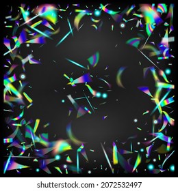 Holo Glitch Effect Rainbow Lights. Rainbow Tinsel.  Gradient Overlay Vivid Foil Tinsel. Gold Transparent Falling Particles. Falling Hologram Confetti. Blue, Purple, Green Celebration Background.