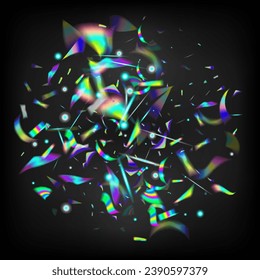Holo Glitch Effect Rainbow Lights.  Gradient Overlay Neon Foil Tinsel. Flying Hologram Confetti. Blue, Purple, Green Celebration Background. Rainbow Tinsel. Silver Transparent Falling Particles.