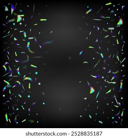 Holo Glitch Effect Rainbow Lights. Blue, Purple, Green Celebration Background. Gold Transparent Falling Particles. Flying Hologram Confetti. Rainbow Tinsel.  Gradient Overlay Vivid Foil Tinsel.