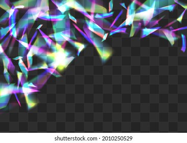 Holo Glitch Vector Transparent Background. Glow Confetti Metal Template. Shiny Sparkle Flying Wallpaper. Hologram Cool Kaleidoscope Backdrop.