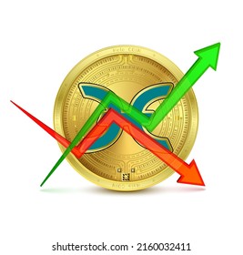Holo gold coin isolated on white background. Realistic 3D Vector. Concept investment crypto currency trend trading stock. Market movements charts up, down on blockchain stock market.