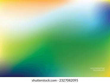 Holo Lights. Vector Blue Purple Yellow Green Hologram Dreamy Background. Rainbow Iridescent Gradient. Minimalist Holographic Fluid Wallpaper. Neon Opalescent Banner. Modern Tech Music Design.