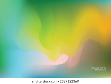 Holo Lights. Vector Green Yellow Blue Hologram Dreamy Background. Rainbow Iridescent Gradient. Minimalist Holographic Fluid Wallpaper. Neon Opalescent Banner. Modern Tech Music Design.