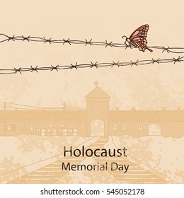 Holocaust Memorial Day. Entrance Gate To Auschwitz Birkenau. Vector Illustration. War II