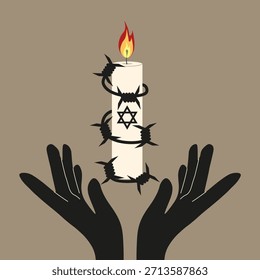 Arte del Día del Recuerdo del Holocausto. Ilustración vectorial de manos negras con envoltura de velas en llamas en alambre de cuchillas. Diseño perfecto de Plantilla de la cubierta de la tarjeta del cartel del día y de la semana del Holocausto. EPS 120
