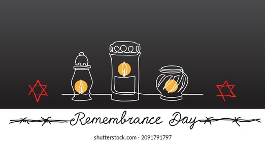 Holocaust Remembrance Day background, banner, poster with candles, jewish star and barbed wire on a dark background.