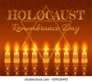 Holocaust remembrance day background. Candles, David star and jewels. Vector illustration.