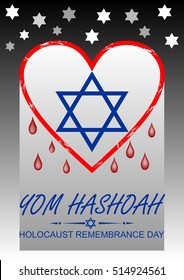 Holocaust remembrance day, hebrew text yom hashoah. Flyer with bleeding heart and David star symbol.