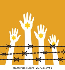 Holocaust Remembrance Day. Human hands with a yellow star of David behind barbed wire. Vector illustration.