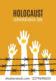 Día de Recuerdo del Holocausto. Manos humanas con una estrella amarilla de David detrás del alambre de púas. Ilustración vectorial.