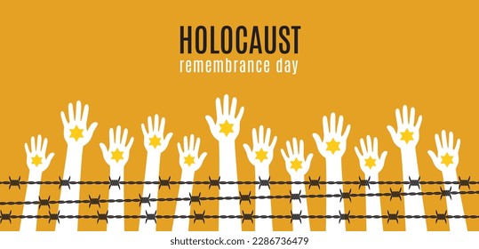 Holocaust-Gedenktag. Menschliche Hände mit einem gelben Stern von David hinter Stacheldraht. Vektorgrafik.