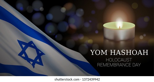 Holocaust Remembrance Day of Israel. Vector banner design template with a realistic flag of Israel, candle, and text on dark background.