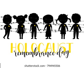 Holocaust Remembrance Day. Lettering. Vector Jewish star with barbed wire. kids logo.