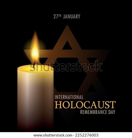 Holocaust remembrance day. One burning candle and star of David on black background. EPS10 vector.