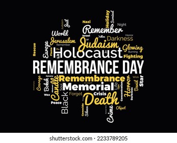 El Día de la Memoria del Holocausto: antecedentes de nubes de palabras. Conciencia federal Concepto de diseño de ilustración vectorial.