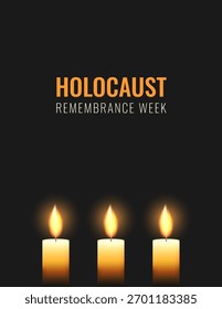 Vertikales Poster der Holocaust-Gedenkwoche. Drei leuchtende Kerzen in der Dunkelheit. Minimalistisch realistisches Design-Konzept. Gedenkliche Vektorgrafik