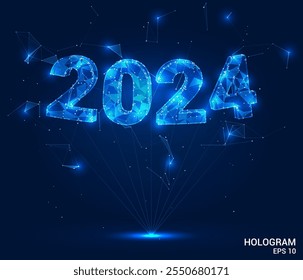 Holograma 2024. Letra 2024 de polígonos, triângulos de pontos e linhas. A inscrição de Natal baixa estrutura composta poli. O conceito de tecnologia.