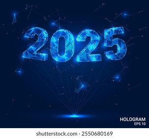 Hologramm 2025. Beschriftung 2025 von Polygonen, Dreiecken von Punkten und Linien. Weihnachtsbeschriftung Low-Poly-Verbundstruktur. Das Technologiekonzept