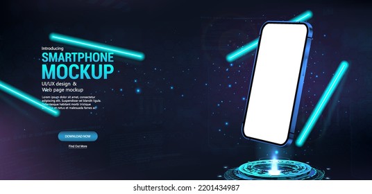 Hologram 3D futuristic mobile phone with blank screen. Futuristic smartphone levitates on a hologram for presentation. 3D mobile phone futuristic mockup for UI, GUI, HUD. Vector HUD smartphone banner