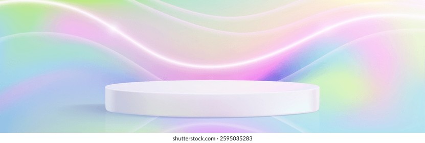 Hologram 3d stage with white circular platform on iridescent background. Neon flowing light waves in minimalist display space for product presentation. Elegant podium under luminous curved lines.