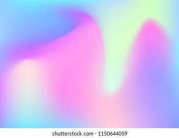 Hologram abstract background. Futuristic gradient mesh backdrop with hologram. 90s, 80s retro style. Iridescent graphic template for brochure, banner, wallpaper, mobile screen.