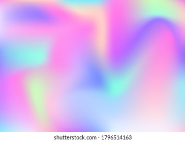 Hologramm abstrakter Hintergrund. Neongradienten Maschenhintergrund mit Hologramm. 90er, 80er Jahre Retro-Stil. Pearleszierende grafische Vorlage für Platzierung, Präsentation, Banner, Broschüre.