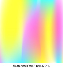 Hologram abstract background. Rainbow gradient mesh backdrop with hologram. 90s, 80s retro style. Pearlescent graphic template for brochure, flyer, poster design, wallpaper, mobile screen.