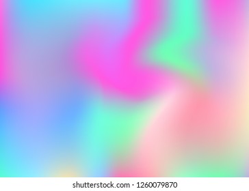 Hologram abstract background. Vibrant gradient mesh backdrop with hologram. 90s, 80s retro style. Iridescent graphic template for brochure, flyer, poster design, wallpaper, mobile screen.
