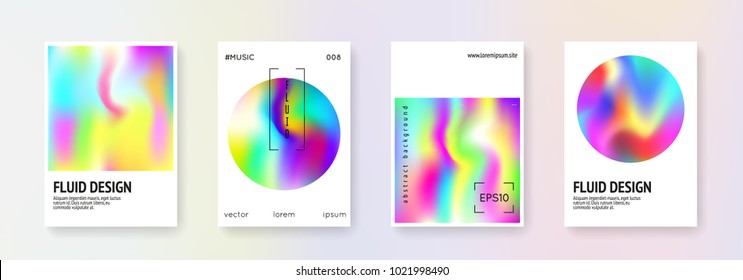 Hologram abstract backgrounds set. Bright hologram backdrop with gradient mesh. 90s, 80s retro style. Pearlescent graphic template for placard, presentation, banner, brochure.