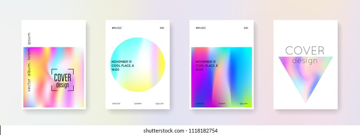 Hologram abstract backgrounds set. Bright hologram backdrop with gradient mesh. 90s, 80s retro style. Pearlescent graphic template for book, annual, mobile interface, web app.