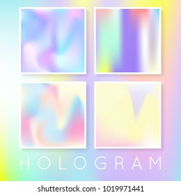 Hologram abstract backgrounds set. Colorful gradient backdrop with hologram. 90s, 80s retro style. Pearlescent graphic template for brochure, flyer, poster, wallpaper, mobile screen.