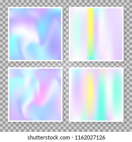 Hologram abstract backgrounds set. Colorful gradient backdrop with hologram. 90s, 80s retro style. Pearlescent graphic template for banner, flyer, cover, mobile interface, web app.