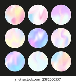 Hologram abstract backgrounds set. Holographic gradient. Vibrant hologram backdrop. Minimalistic 90s, 80s retro style graphic template for brochure, banner, wallpaper, mobile screen.