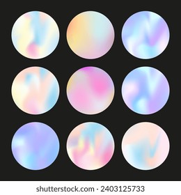 Hologram abstract backgrounds set. Holographic gradient. Creative hologram backdrop. Minimalistic 90s, 80s retro style graphic template for book, annual, mobile interface, web app.