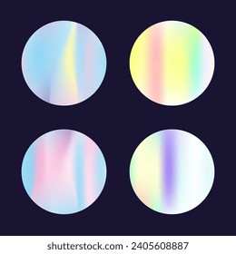 Hologram abstract backgrounds set. Holographic gradient. Iridescent hologram backdrop. Minimalistic 90s, 80s retro style graphic template for placard, presentation, banner, brochure.