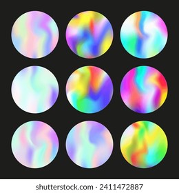 Hologram abstract backgrounds set. Holographic gradient. Futuristic hologram backdrop. Minimalistic 90s, 80s retro style graphic template for placard, presentation, banner, brochure.
